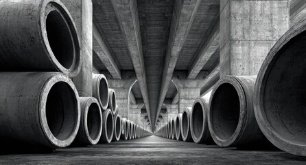 Gray concrete pipes line a long tunnel