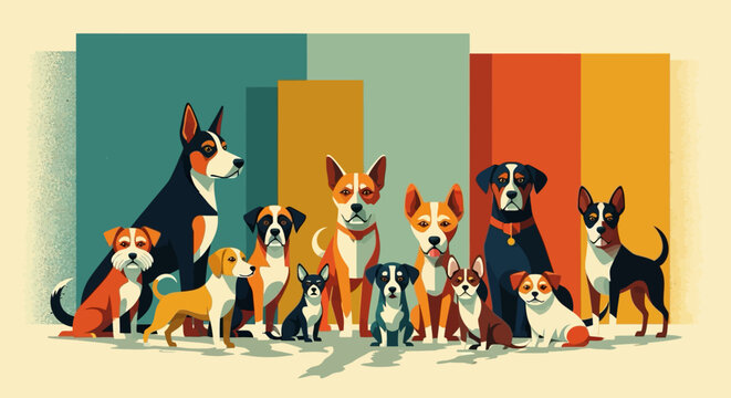 Colorful flat design of various dog breeds in a group composition