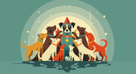 Fototapeta premium Celebration with dogs: flat style party scene with canine friends in retro colors