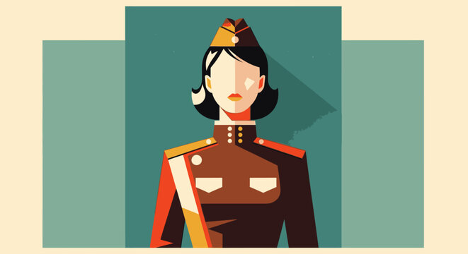 Retro female officer in geometric uniform against abstract background