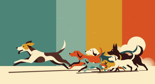Playful pack of dogs running against colorful geometric background