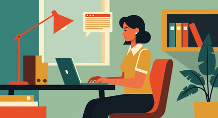 Fototapeta premium Flat design woman working on laptop in modern office setting