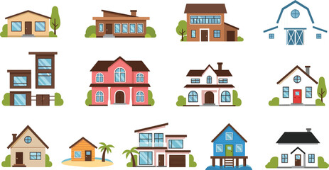 Residential houses collection with modern cottage villa barn and suburban homes flat vector illustration set © MDShakhawat