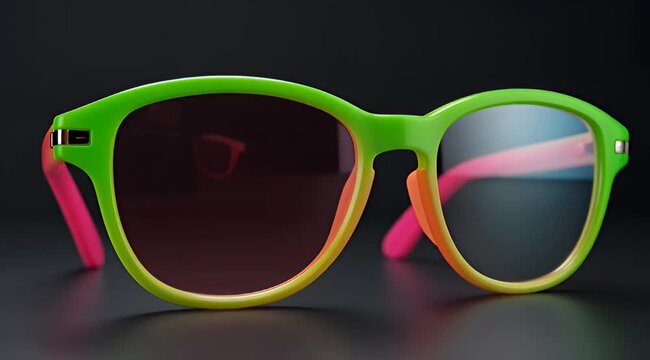 Vibrant colorful sunglasses with green frames and pink temples on dark surface