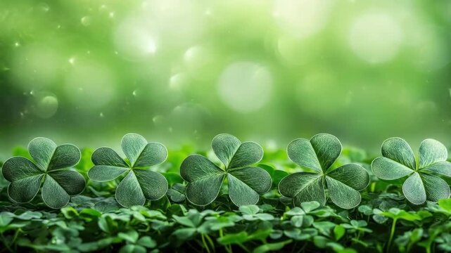 Lush green four-leaf clovers in a vibrant sunlit garden scene. Saint Patrick's Day, St Paddy's Day, St Patty's Day - Irish National Holiday and Cultural Celebration