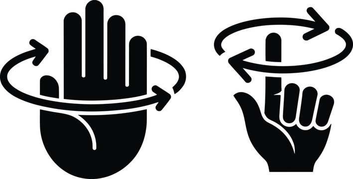 Hand gesture interacting with rotating arrow in bold black silhouette representing control, refresh action and user interaction concept