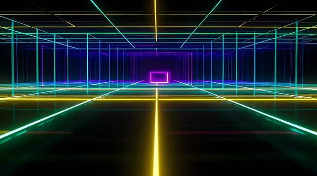 Colorful neon grid tunnel fading into the distance with a glowing rectangle