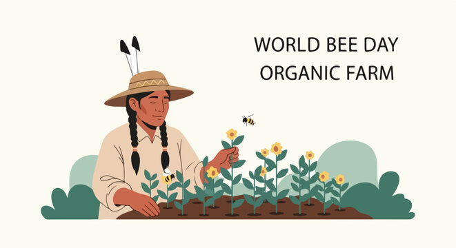 World Bee Day illustration shows farmer cultivating plants organic garden. World Bee Day scene features a bee pollinating yellow flowers, highlighting sustainable agriculture, biodiversity.