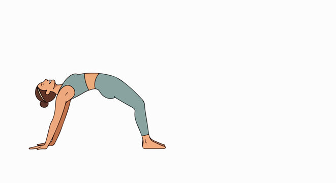 Woman demonstrating yoga pose, wheel pose transition on white background. Yoga pose involves stretching, core strength, and flexibility, showing dynamic movement. Concept yoga pose for health,