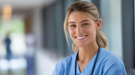 Fototapeta premium Friendly young nurse smiling in a hospital hallway, compassionate nursing staff, healthcare worker ready to help, hospital corridor medical professional, female nurse portrait,