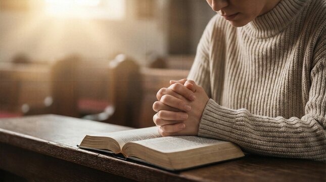 Close up of person praying with folded hands over open bible in church with warm sunlight for faith concept