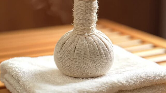 Herbal compress ball on a towel for spa massage therapy