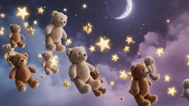 Floating teddy bears and stars against dreamy night sky illustration