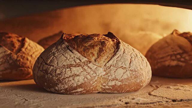 Freshly baked artisan bread loaves in a stone oven culinary background