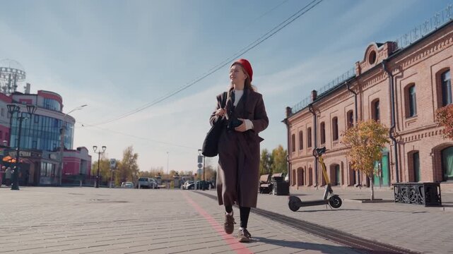 White woman walking with camera, brick avenue and colorful storefronts, red beret and crossbody bag, confident urban stride, sunny autumn day, candid streetstyle sequence, fast tracking shot,