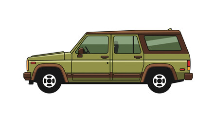 Fototapeta premium Vintage green station wagon, retro SUV, side view, white background