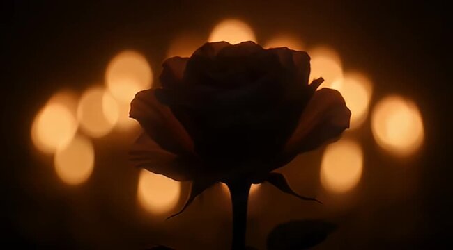 Mysterious silhouette of a rose illuminated by warm golden bokeh lights