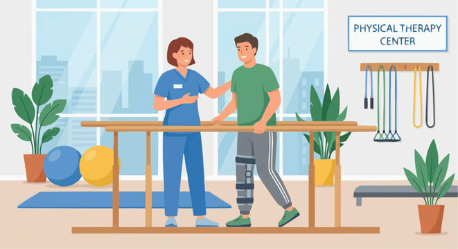 Physiotherapist helping patient walk with parallel bars physical rehabilitation vector.