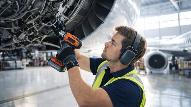 Aircraft mechanic repairs an aircraft engine in an airport hangar.

