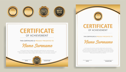 gold diploma certificate with line art and badges A4 template. For award, business, and education