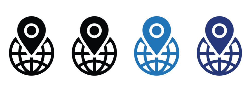 Location, on globe icon featuring a location marker, globe with pinpoint symbol, world map navigation, GPS and travel concept, modern flat vector