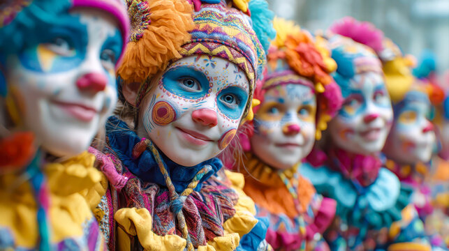 A festive children's parade with kids in colorful costumes and painted faces, street-level view.