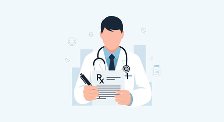 Fototapeta premium Doctor Writing Prescription Rx Slip with Stethoscope, Medical Healthcare and Science Concept
