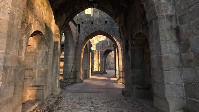 Walking through the gates of Cite de Carcassonne at sunrise, France
