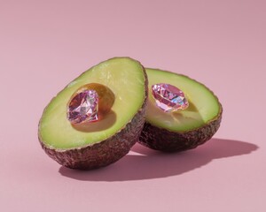 Avocado halves with gemstones on pink background