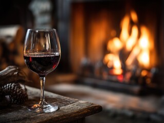 Wine glass on a wooden table in front of a fireplace