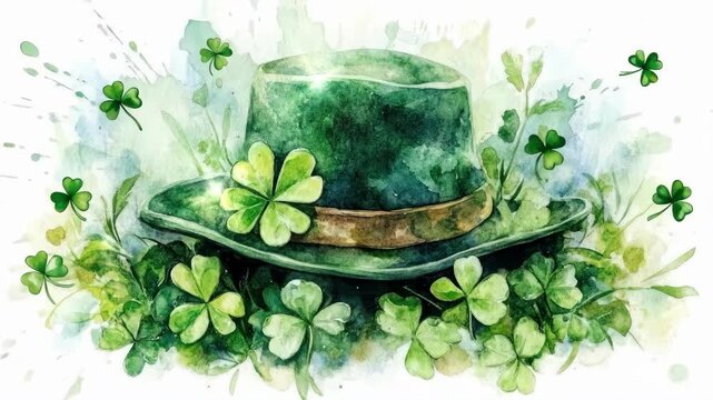 Green hat with shamrocks and clover leaves in watercolor designs. Saint Patrick's Day, St Paddy's Day, St Patty's Day - Irish National Holiday and Cultural Celebration