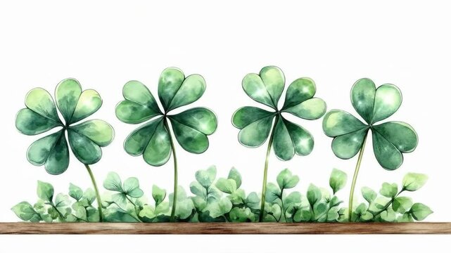 Watercolor four-leaf clovers in a row with leafy green border. Saint Patrick's Day, St Paddy's Day, St Patty's Day - Irish National Holiday and Cultural Celebration