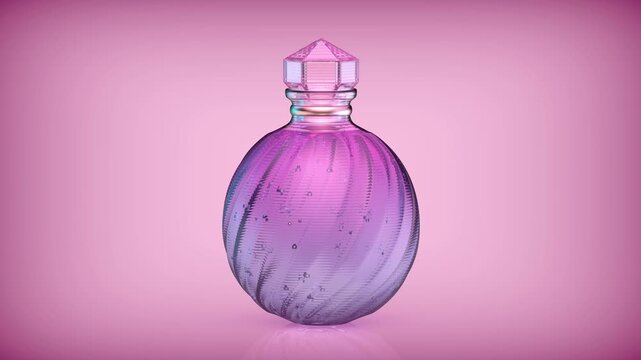 Spinning crystal magic potion bottle on shiny pink background