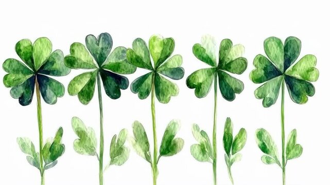 Row of watercolor four-leaf clovers on white background. Saint Patrick's Day, St Paddy's Day, St Patty's Day - Irish National Holiday and Cultural Celebration