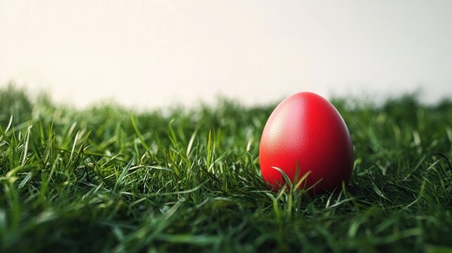 Single red egg nestled in lush green grass under soft morning light, serene and peaceful scene