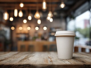 Coffee cup on a wooden table in a cafe