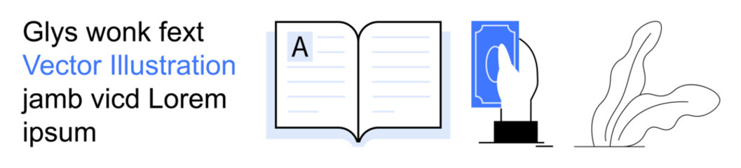 Education, reading, creativity, learning, personal development, abstract design. Open book with text, hand holding card and abstract plants. Education and creativity in modern design © robu_s