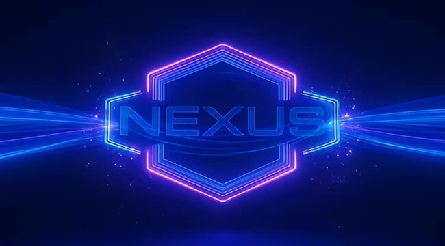 Neon Nexus logo with futuristic energy streams and geometric framing design