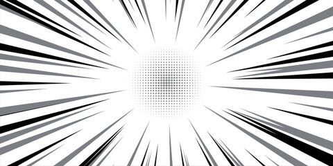 Comic book black and white radial lines background. Manga speed frame. Super hero action. Vector illustration.