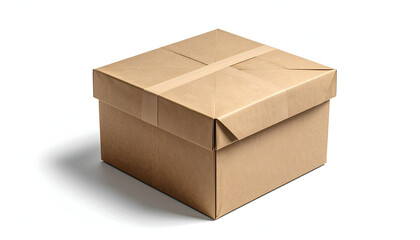 Fototapeta premium A close-up studio shot of a closed, rectangular cardboard box with tape on top