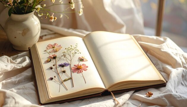 A scrapbook open with blank pages and pressed flowers.