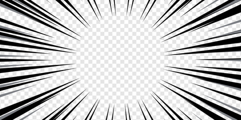 Comic book black and white radial lines background. Manga speed frame. Super hero action. Vector illustration.