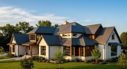 Fototapeta premium Expansive Luxury Home with Multiple Gables, Stone Siding, Wood Accents, and Lush Green Surroundings.