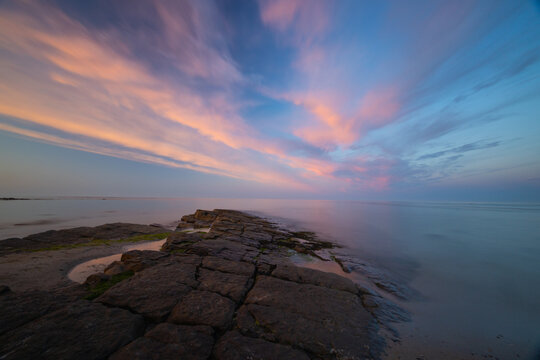 Sunset over Beadnell Bay Northumberland, England, UK.