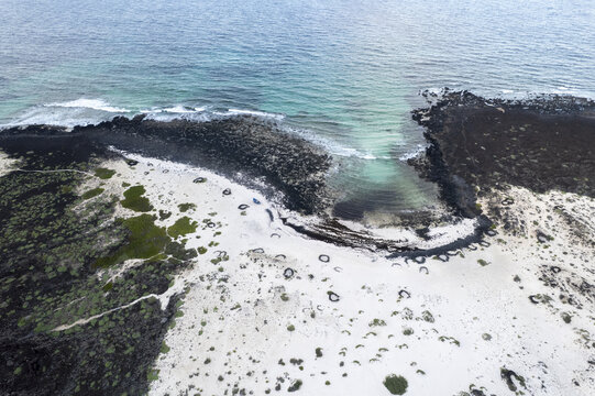 Aerial view of the stark contrast between the black volcanic rock and the white sand beach where the turquoise ocean meets the shore, Orzola, Canary Islands, Spain.