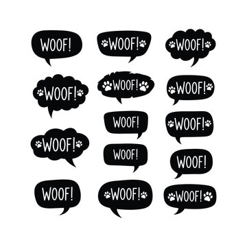 Speech bubbles with woof text and dog paw prints for pet lovers