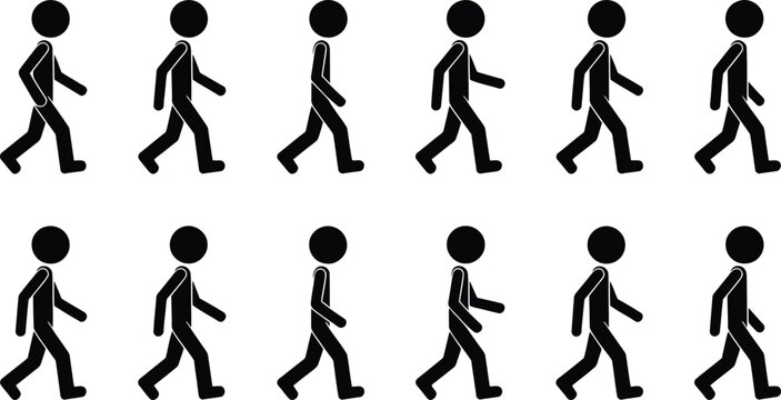 A sequence of stick figure illustrations demonstrating the walking motion of a person.