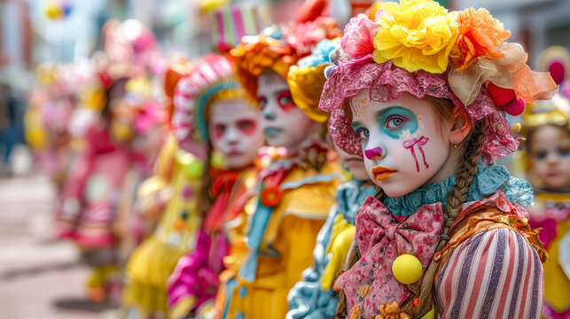 A festive children's parade with kids in colorful costumes and painted faces, street-level view.
