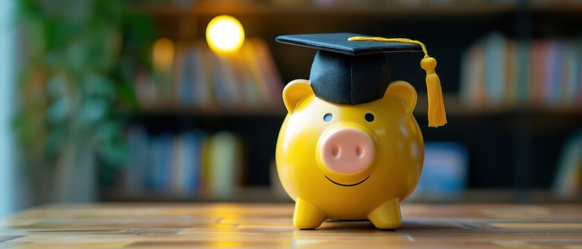Yellow piggy bank wearing graduation cap on wooden table. Concept of education savings, tuition funding, student finance, investment and future planning.