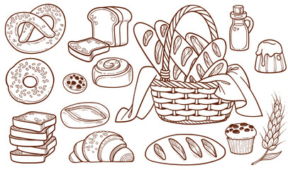 Bread in a basket, baguettes, donuts